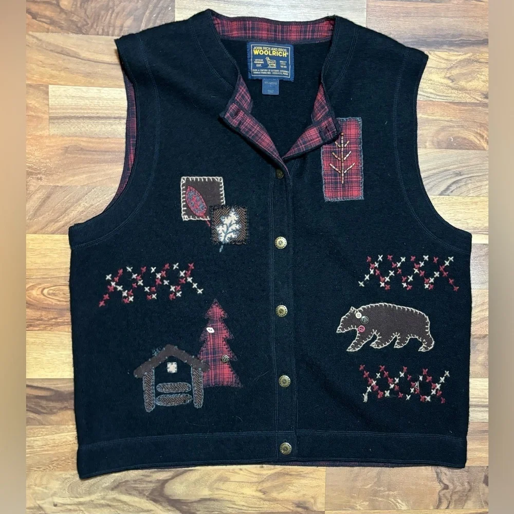 Woolrich 100% Boiled Wool Button Front Vest Sleeveless Cabin Lodge Black Size L